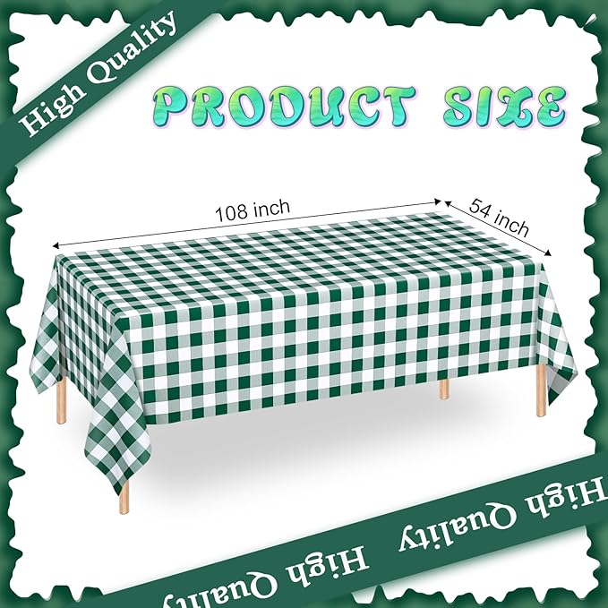 WNINK 6 Pack Green and White Checkered Rectangular Plastic Tablecloths, Green Gingham Waterproof Disposable Table Covers 54" x 108" for Birthday, Wedding, Outdoor Picnic Camping Parties