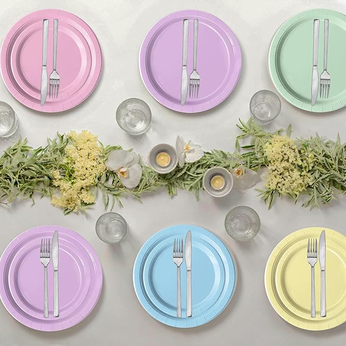 Oigco 60 PCS Pastel Paper Plates and Napkins, Pastel Party Decorations, Rainbow Paper Plates for Colorful Birthday Baby Shower Wedding