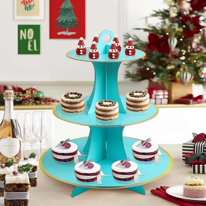 Soleebee 3-Tier Round Cupcake Stand, Cardboard Cupcake Tower, Dessert Cup Cake Stand Tower for Birthday Wedding Party Decoration, Cupcake Tier Stand 2 Set (Blue Gold)