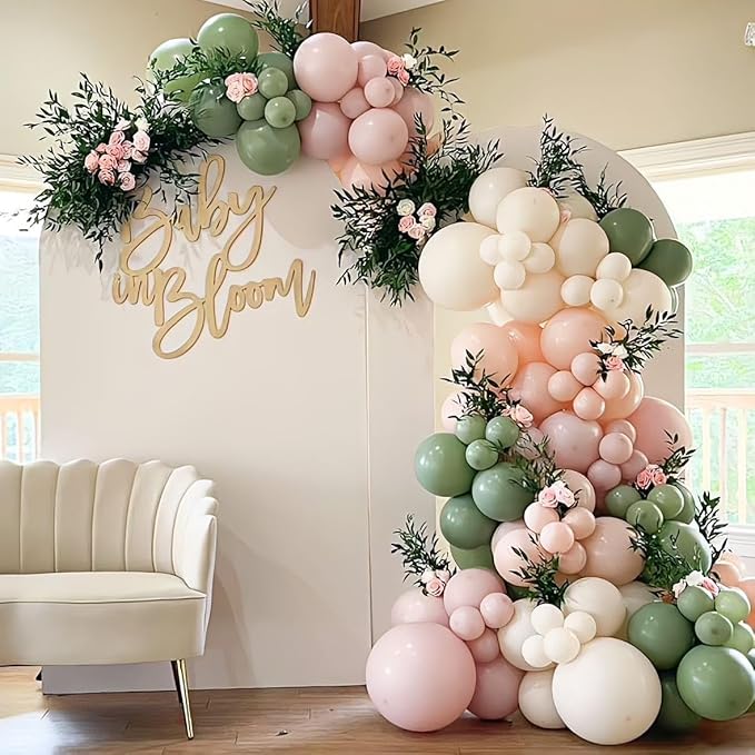 Baby in Bloom Balloon Arch Kit 139pcs Pastel Sage Green and Pink Balloon Garland for Boho Baby Shower Birthday Party Decoration