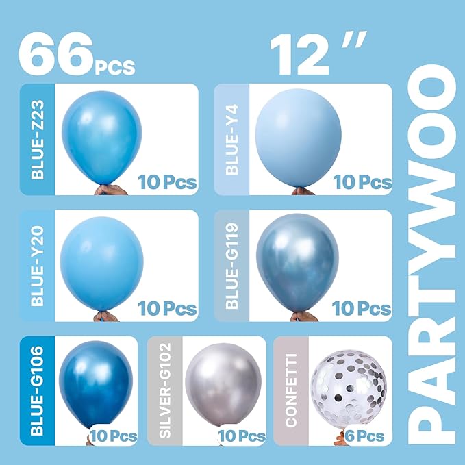 PartyWoo Blue and Silver Balloons 66pcs 12 Inch Light Pastel Baby Metallic Pearl Blue Metallic Chrome Silver Confetti Balloons for Gender Reveal Wedding Baby Shower Birthday Party Decorations