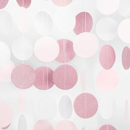 Rose-Gold Pink White Party Decorations - 52Ft Paper Garland Circle Dots Streamers Banner Girl Women Birthday Bridal Shower Wedding Bachelorette Engagement Graduation Hanging Decor Hongtongtong