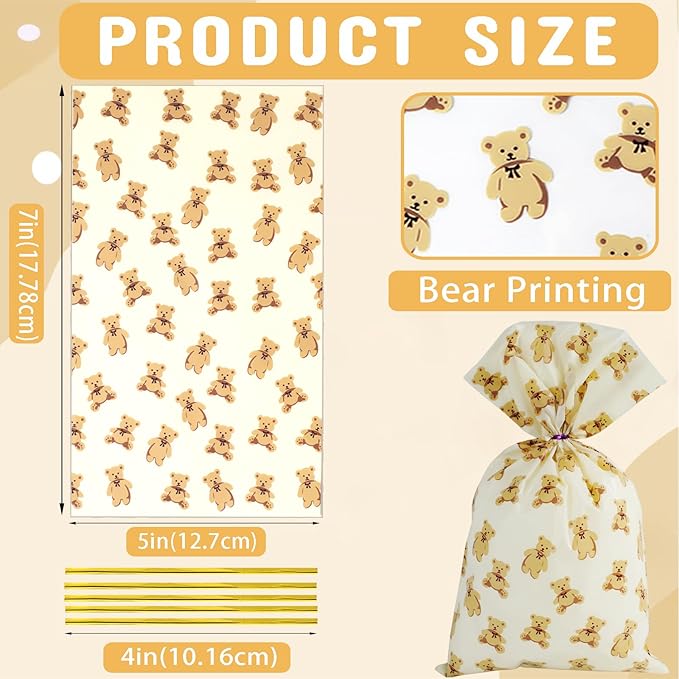 LEOSINDA100 Pcs Cellophane Bags 7 X 12 Inch Little Bear Cellophane Plastic Candy Bags with Twist Ties for Valentine's Day and Birthday Favors Gift Cookie Weddings Packing Party Favor Supplies