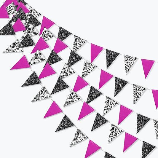 Cheerland Pink Zebra Party Decorations Hot Pink and Zebra Print Birthday Party Decorations Animal Print Streamers Triangle Flag Bunting Pennant Garland Banner Jersey Shore Decor Supplies 4 Pcs