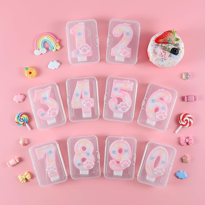 AKURIEEY Dog and Cat 7th Birthday Candle Pink Numbers 7 Candle Paw Cake Topper Cupcake Decorations for Pet Theme Party Decor Anniversary Celebrations Supplies