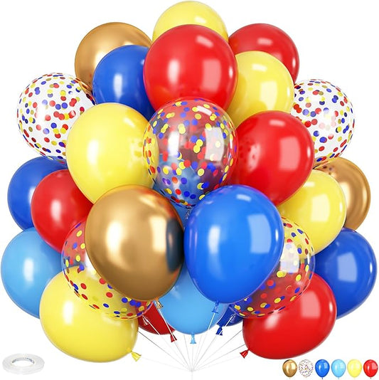 HILAVO Carnival Circus Balloon Kit, 60PCS 12 Inches Red Yellow Blue Balloons Carnival Helium Balloons with Confetti Latex Balloon for Kids Boys Baby Shower Birthday Party Decoration Supplies