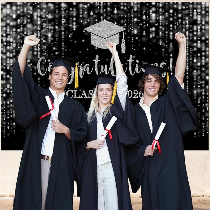 Mocsicka Class of 2026 Backdrop Black Silver Glitter Bokeh Graduation Party Background 2026 Congrats Grad Prom Party Cake Table Decoration Photo Booth Props (8x6ft)