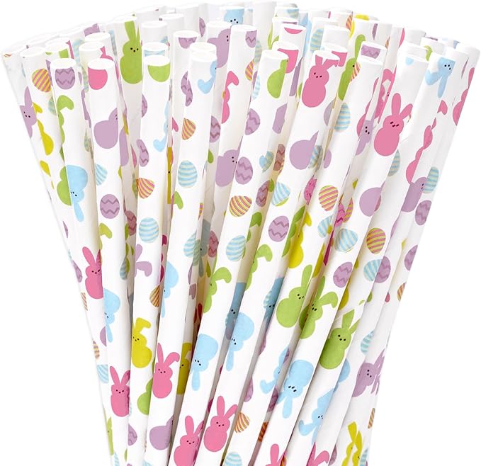 JarThenaAMCS 200Pcs Easter Paper Straws Easter Egg Bunny Drinking Straws Colorful Easter Party Disposable Straw for Holiday Birthday Party Supplies