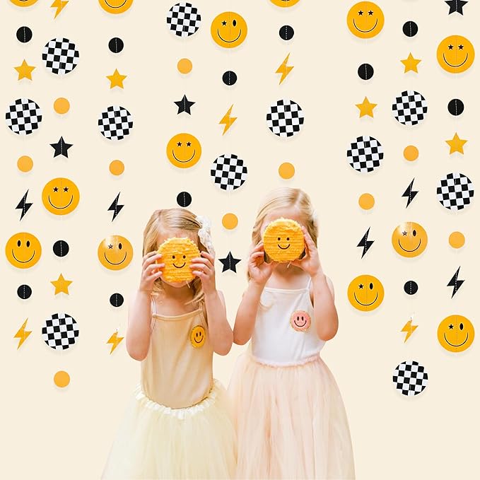 One Happy Dude 1st Birthday Decorations Black Yellow Smile Face Lightning Star Checkered Circle Dot Smiley Face Garland Streamer for Baby Shower First Birthday Wedding Hippie Party Decoration Supplies