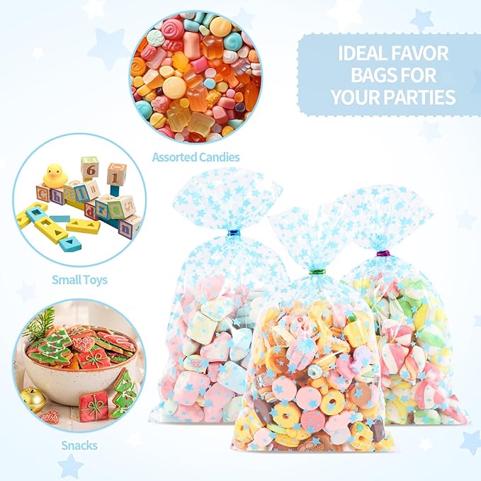 100Pcs Cellophane Treat Bags,5 X 11 Inches Blue Star Clear Cellophane Bags,for Gift Wrapping,Packaging Candies,Dessert,Bakery, Cookies, Chocolate,Party Party Decorations
