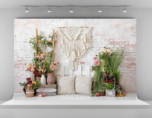 Kate 10x6.5ft Spring Colorful Flowers Backdrops for Photography Bohemian Pillow Brick Wall Background Green Leaves Backgrounds Baby Shower Birthday Party Decoration Backdrop