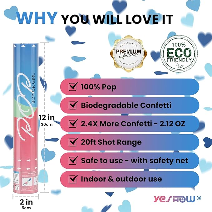 Gender Reveal Confetti Poppers, Blue Confetti Cannon 2 Pack with Heart Shaped Party Confetti for Baby Shower, Birthday, Gender Reveal Party Supplies - 12 inch
