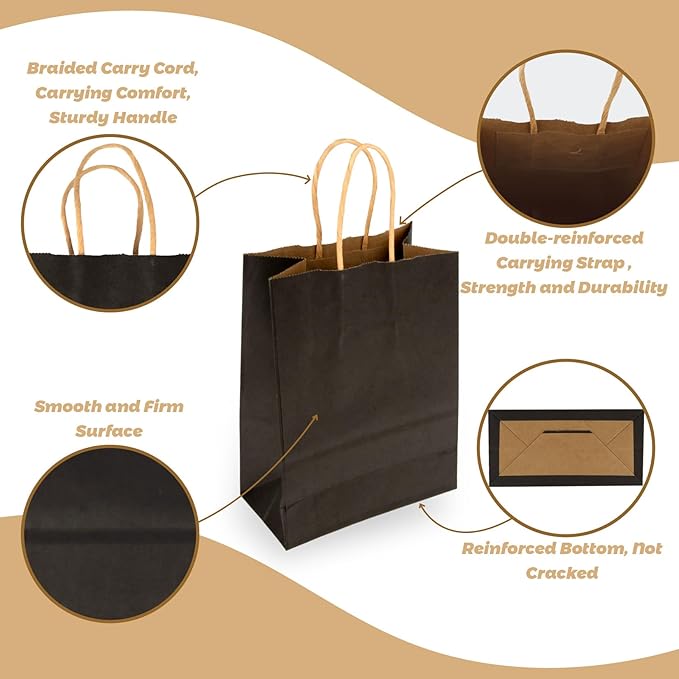 MAQIHAN Small Kraft Bags with Handles - 15 Pcs Kraft Gift Paper Bags Black Bag Gift Bag Craft Bag with Candy Birthday Party Favor Christmas Valentines Shopping Small Business