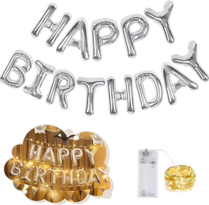 CANREVEL Happy Birthday Banner 13pcs 16 Inch Mylar Foil Letters Sign Balloons with LED Lights Birthday Party Decorations for Kids and Adults - 3D Silver