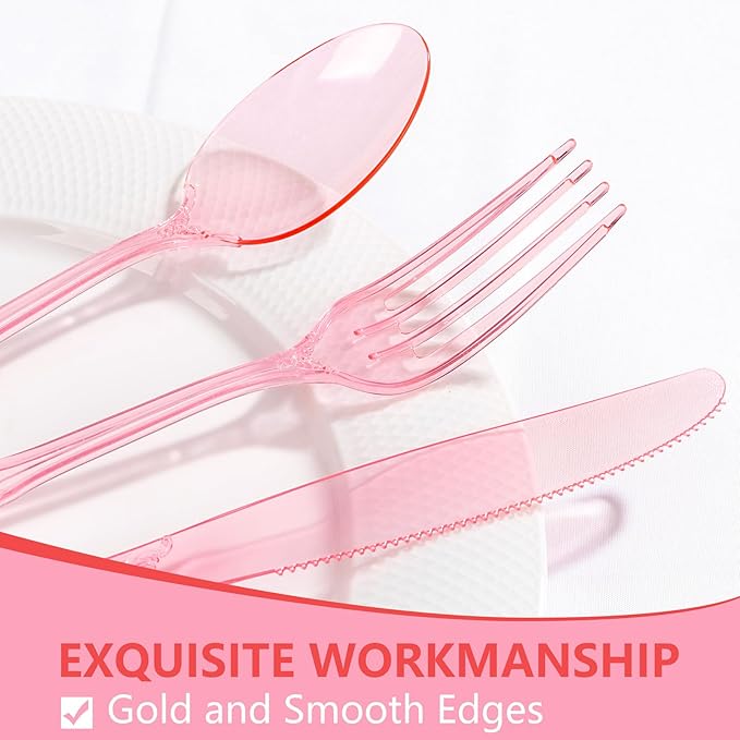150PCS Pink Plastic Silverware - Heavy Duty Elegant Disposable Utensils - Vintage Baroque Cutlery Set Disposable Includes 50Forks, 50Spoons, 50Knives for Dinner Party Wedding