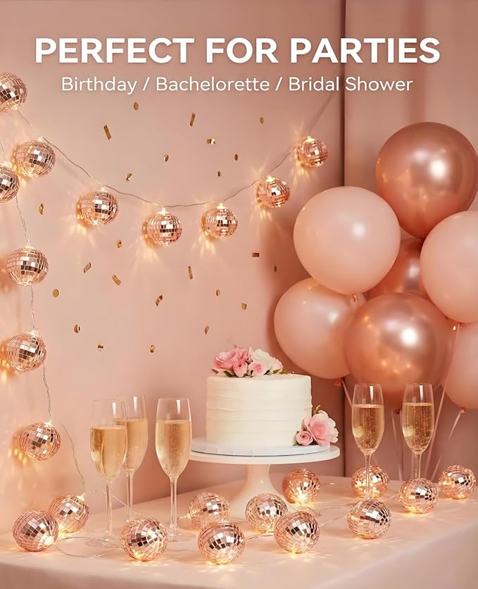 AceList Rose Gold Disco Ball String Lights, 20 LED 9.8Ft Control & Dual Power (USB/Battery) Dimmable Mirror Ball Lights for Bedroom, Birthday Party, Bachelorette & Room Decor