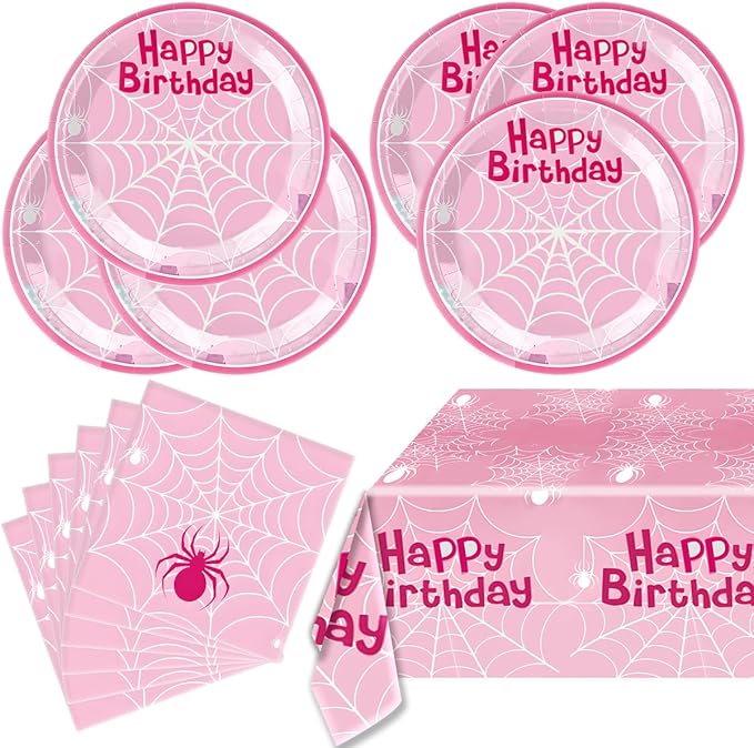Pink Spider Party Tableware, Spider Pink Ghost 20 Plates 20 Paper Napkins and 51''x86'' Tablecloth，Super Girl Birthday Party Supplies