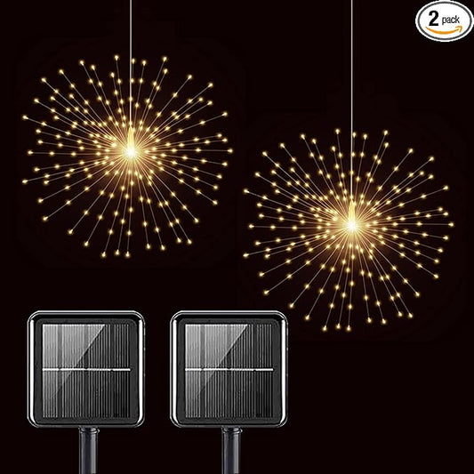 PXBNIUYA 2 Pack Solar Starburst Sphere Lights,200 LED Firework Light 8 Modes Dimmable Waterproof Hanging Fairy Light, Copper Wire Lights for Tents Patio Parties Christmas-NO Remote (Warm White)
