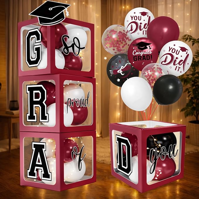 2026 Graduation Decorations - Maroon Balloon Boxes with Letters 2026 Grad & So Proud of You and Maroon Black White Print Balloons, Graduation Party Decorations Class of 2026 for Any Grades