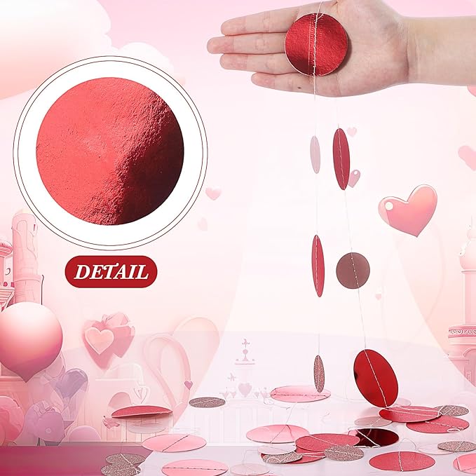 Outus 5 Pieces Red,Pink Round Dots Garland Graduation Party Hanging Decor Each Length 13.1ft Glitter Paper Dot Streamers for Birthday Wedding Classroom Supplies