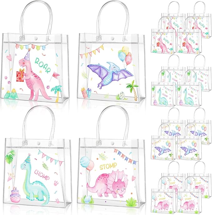 Aliceset 20 Pcs Pink Dinosaur Clear Treat Bags with Handles Cute Watercolor Dinosaur Party Favor Dino Gifts Bags for Birthday Dino Theme Party Supplies Candy, 8 x 8 x 3.15 Inch