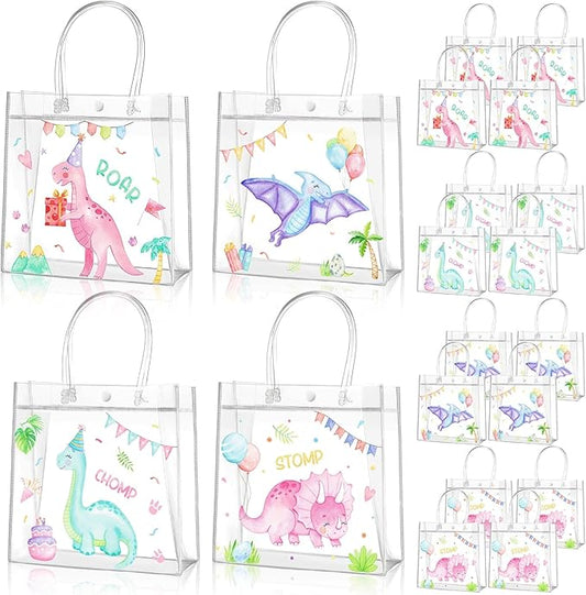 Aliceset 20 Pcs Pink Dinosaur Clear Treat Bags with Handles Cute Watercolor Dinosaur Party Favor Dino Gifts Bags for Birthday Dino Theme Party Supplies Candy, 8 x 8 x 3.15 Inch