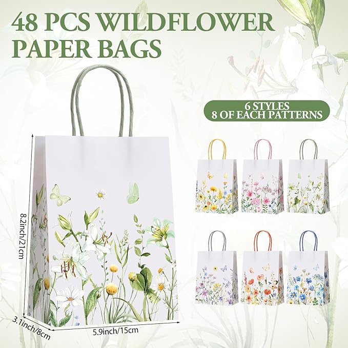 Gaillty 48 Pcs Wildflower Paper Gift Bags 6 Styles, Floral Goodie Bags with Handles Flower Wedding Welcome Bag Bulk for Wedding Bridal Shower Engagement Baby Shower Birthday Spring Tea Party Supplies