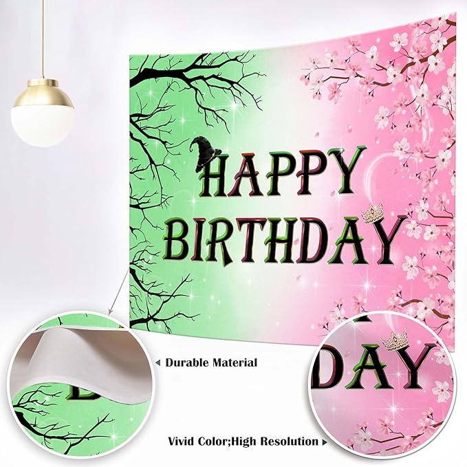 Mocsicka Pink and Green Happy Birthday Backdrop Witch Party Decorations Banner Party Supplies for Movie Party Decorations Banner Photo Props (Pink and Green, 10x8ft(120"x96"))