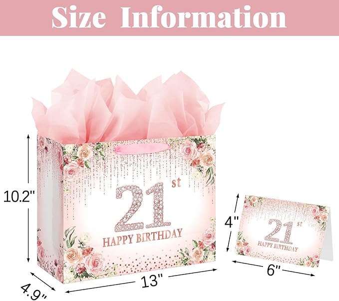 Laidans Sweet 21st Happy Birthday Gift Bag with Tissue Paper and Card for Girls Kids Birthday Party (Rose Gold)
