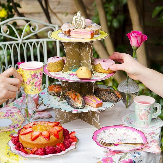 Talking Tables 50pcs Floral Tea Party Decorations for Mother's Day Decorations for 16 Guests, Disposable Tableware Set, Paper Plates, Teacups, Napkins & Bunting for Bridgerton Birthday Decor