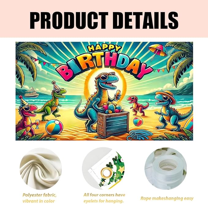Tropical Happy Birthday Party Banner 71x43 Inch, Fun Design with Colorful Balloons and Palm Trees, Perfect for Summer Parties and Outdoor Photo Backdrops