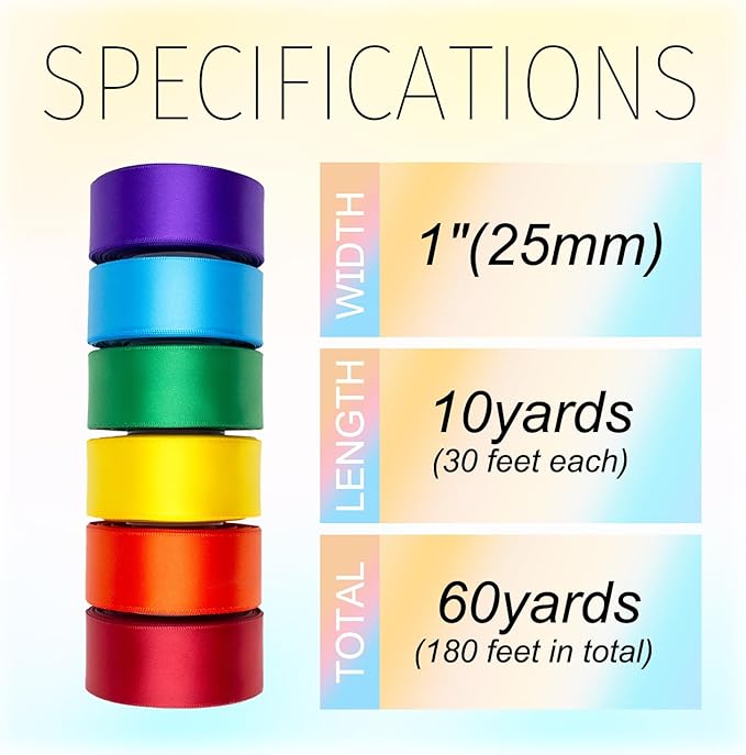 Rainbow Satin Ribbon 1 Inch Wide Colorful Ribbon Bulk Ribbon Rolls Assorted Solid Color Double Faced Satin Ribbon for Crafts Gift Wrapping Wedding Flower Bouquet Invitation Hair Bows - 60Yds