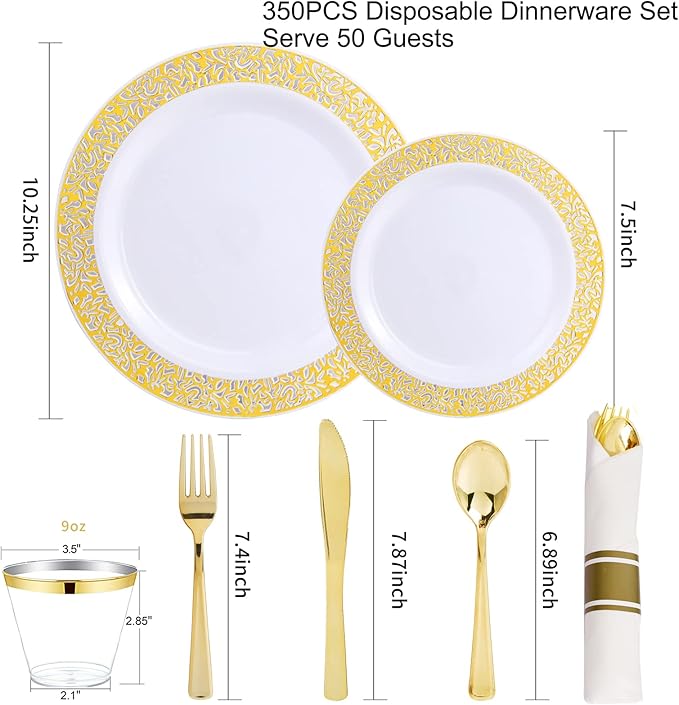 WELLIFE 50 Guests Dinnerware Sets, Gold Plastic Plates，Platos Para Fiestas Elegantes Desechables Include:50 Dinner Plates, 50 Dessert Plate, 150 Pcs Gold Plastic Silverware, 50 Cups for Party