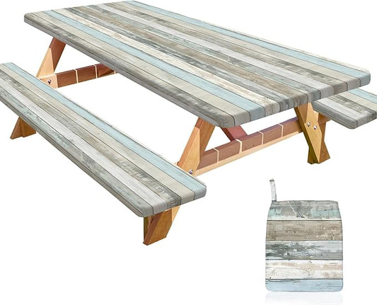 Picnic Table Cover with Bench Covers Portable Table Cloth Built-in Storage Pocket Fitted Tablecloth with Elastic Edges Waterproof Camping Essentials for Indoor Outdoor Rv,72in,Brownish Gray
