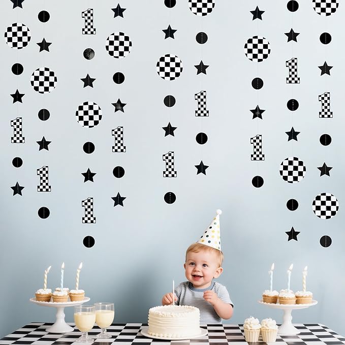 Fast One Birthday Decorations Black White Checkered Polka Dot Star Hanging Garland Banner for Checkered Race Car First Lap Around the Track Bday Talladega Nights 1st Birthday Decorations Supplies