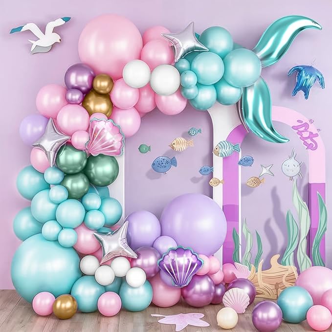 Mermaid Balloon Garland Arch Kit, Pastel Pink Purple Teal Blue Clear Latex Balloons with Mermaid Tail Seashell Foil balloons, for Girls Little mermaid Party Decorations Under the Sea Birthday Supplies