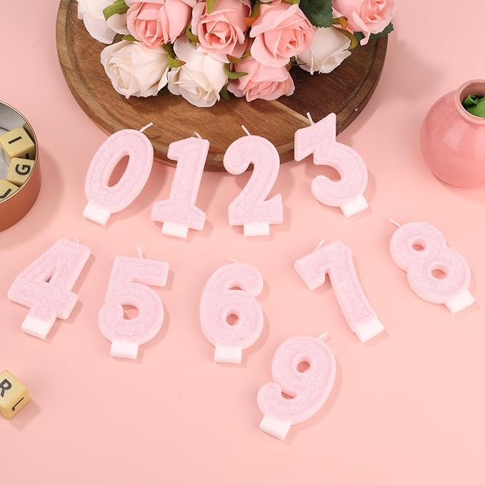 Pink Number Birthday Candles, Romantic Cake Glitter Pink Number Candles Anniversary Cake Topper Decoration Cute Birthday Party Supplies for Wedding Anniversary Celebration Supplies (6)