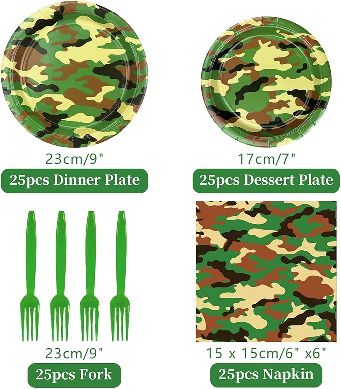 Camo Party Supplies - Army Party Tableware - Dinner Plates, Dessert Plates, Napkins, Forks for Boy Camouflages Hunting Military Party Supplies, Serves 25