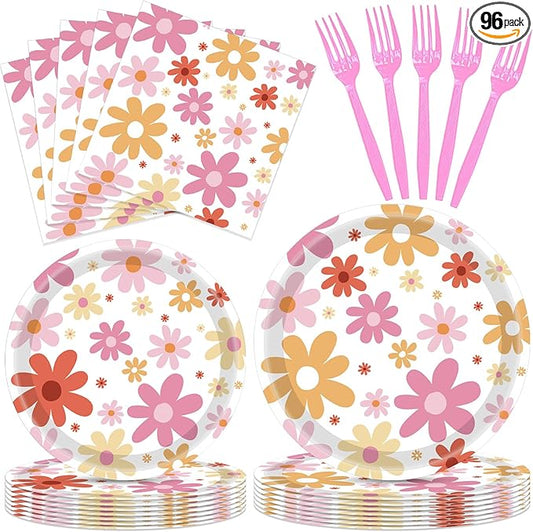96PCS Daisy Groovy Party Decoration Colorful Daisy Birthday Party Tableware Include Flower Paper Plates Napkins Forks Disposable Party Supplies Decorations for Girl Birthday Baby Shower