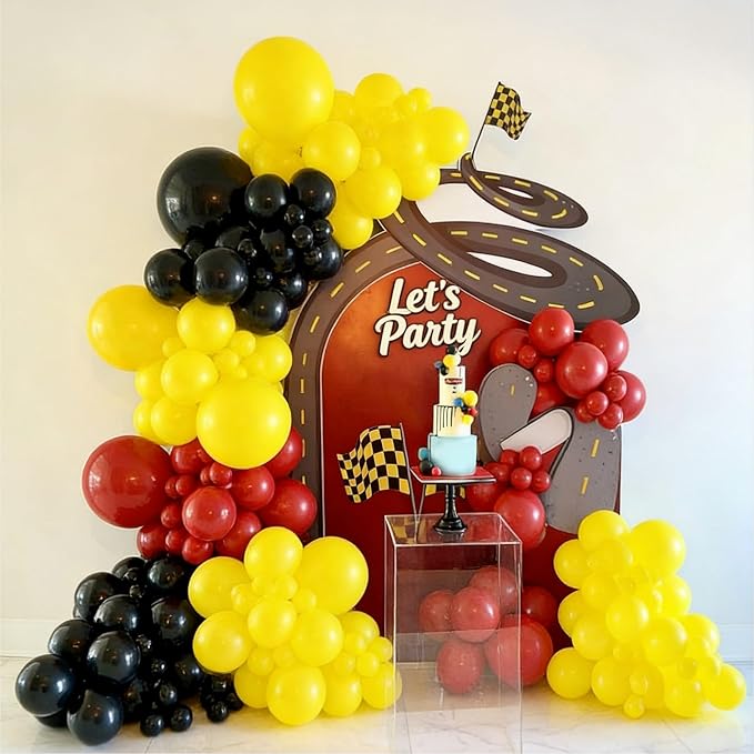 Race Car Balloon Garland Arch Kit 155Pcs Red Black Yellow Latex Balloons for Race Car 2 Fast Theme Birthday Party Decorations