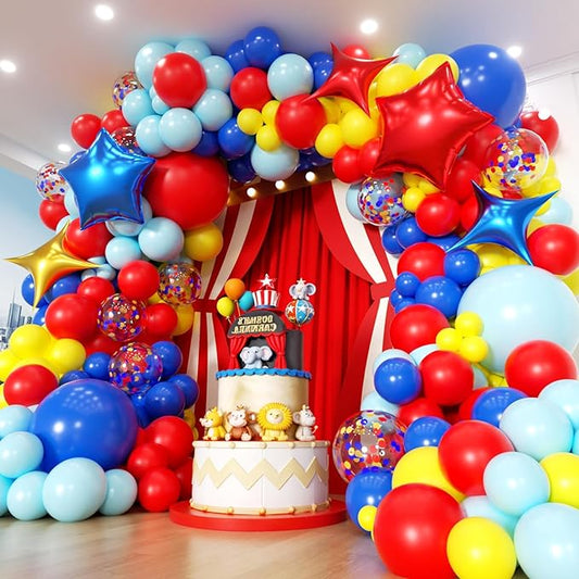 Carnival Circus Balloon Garland Arch Kit 153pcs with Star, Red Blue Yellow Primary Color Balloons Rainbow Multicolor Confetti Balloons for Birthday Circus Theme Carnival Party Theme Decoration
