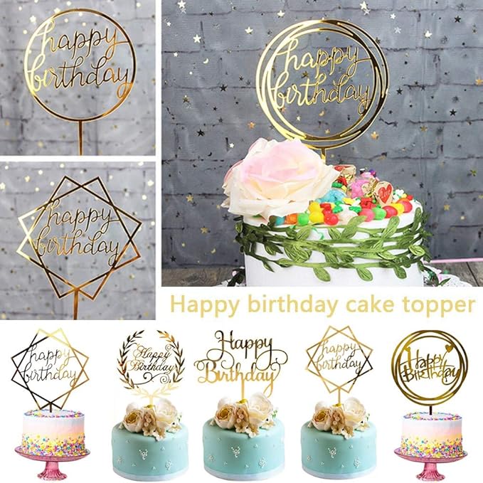 12Pcs Acrylic Cake Topper, BetterJonny Double-Sided Glitter Happy Birthday Gold Cake Topper Set, Birthday Decoration for Children and Adults