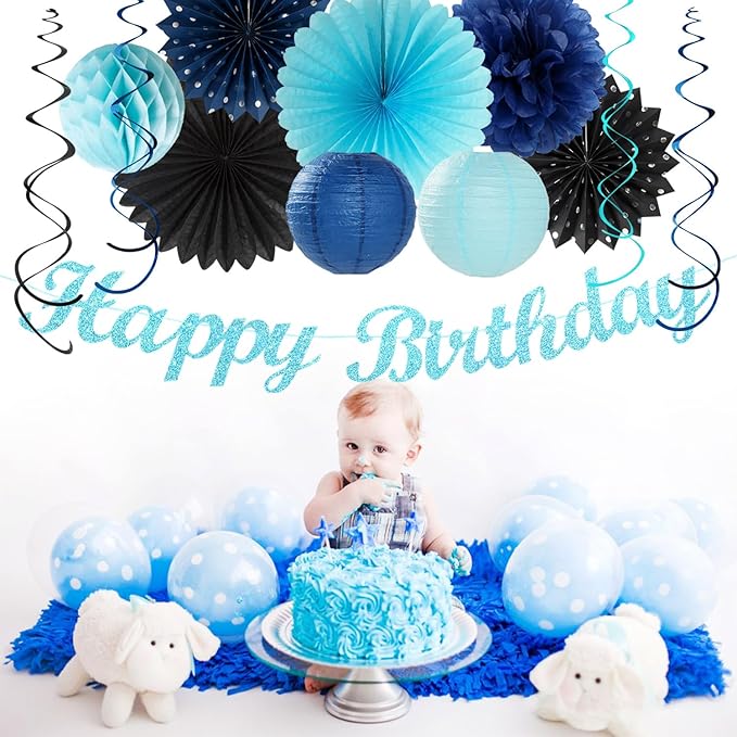 Light-Royal Navy-Blue Black Birthday Party-decorations - 21pcs Boys Men Happy Banner,Paper Streamers Lanterns Honeycomb,Tissue Pom Poms Fan,Adult Supplies Decor 16th 20th 40th 45th 50th 60th Huglony