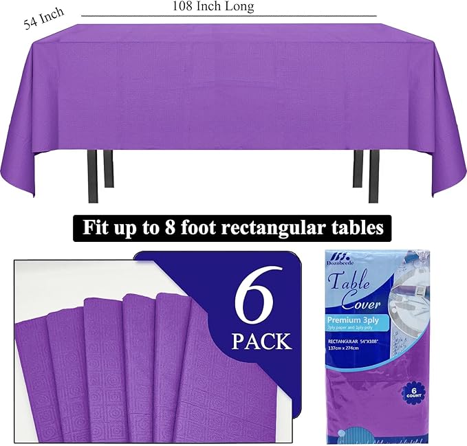 [6 Pack] Purple Paper Tablecloth Disposable for Rectangle Tables, 54 X 108 Inch Party Table Cover with Plastic Backing, Waterproof 3 Ply Table Cloth for Church Event Club Parties
