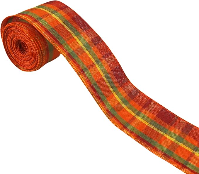 Meseey Fall Plaid Ribbon 1.5 inch Buffalo Plaid Burlap Ribbon 2-1/2" Tartan Check Pattern Ribbon for Big Bow,Fall Wreath,Gift Wrapping,Crafts (Burgundy/Yellow)