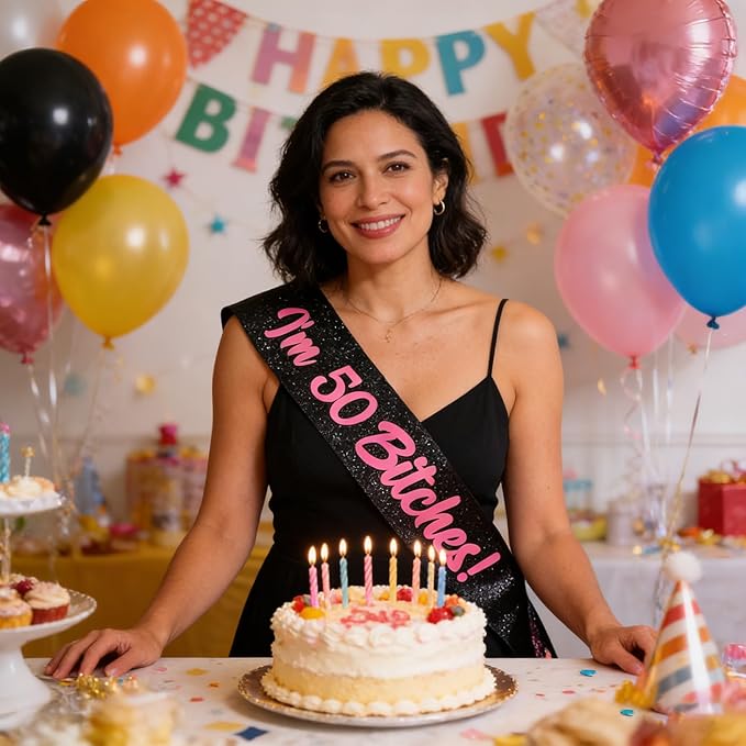 Birthday Sash, I'm 50 Bitches Pink Foil Letter Glitter Black 50th Birthday Sash for Women 50th Funny Bday Gifts Party Favors Photo Prop