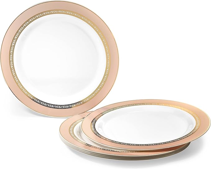 " OCCASIONS " 120 Plates Pack,(60 Guests) Heavyweight Premium Wedding Party Disposable Plastic Plates Set -60 x 10.5'' Dinner + 60 x 7.5'' Salad/Dessert (Ritz Blush and Gold)