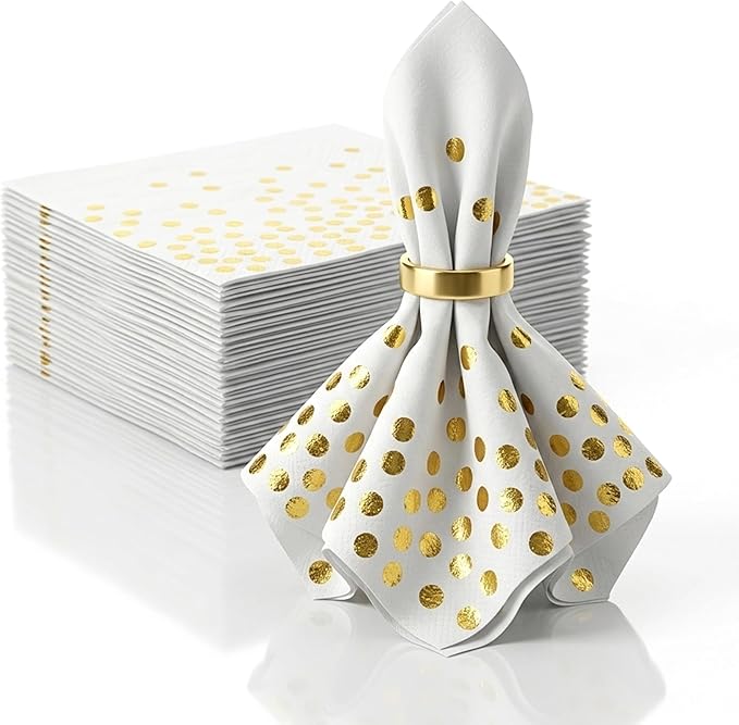 80 Pcs White Paper Napkins with Gold Foil Polka Dots, Disposable Cocktail Napkins for Party, Baby Shower, Wedding & Birthday, Bulk Beverage and Dinner Napkins