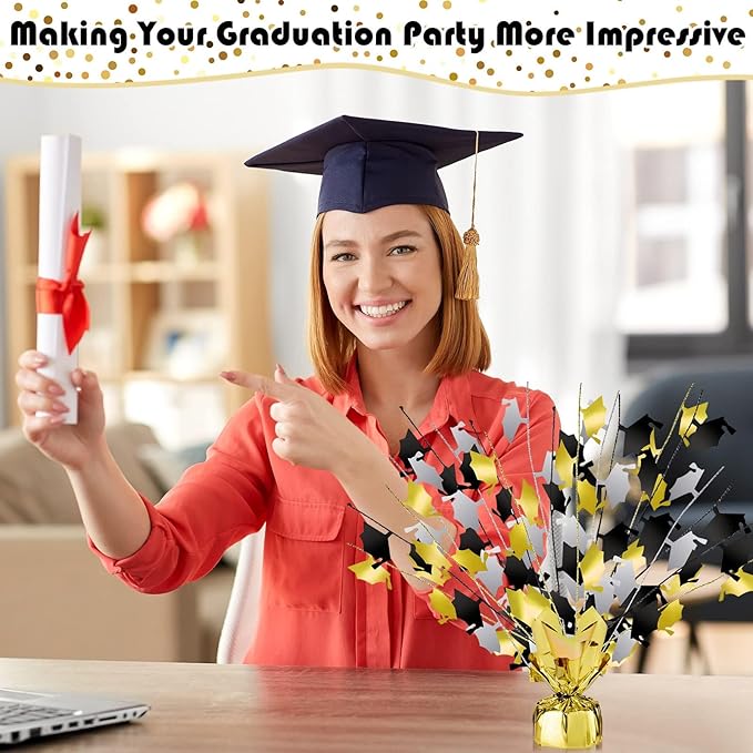 Juexica 6 Pcs 2026 Metallic Burst Table Centerpiece Mini Grad Caps Foil Spray Black Gold Silver Graduation Party Glitter Tableware Decorations for High School College Congrats Dinner Decor 14"