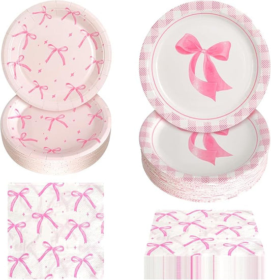 180Pcs Pink Bow Party Supplies Paper Plates and Napkins Serve 60 Disposable Tableware Set for Birthday Party Decorations Game Day Family Holiday Sports Events